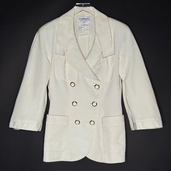 CHANEL Jackets & Blazers - Chanel 12 Boutique Vintage Double Breast Blazer Jacket 90s Cream Camelia Button